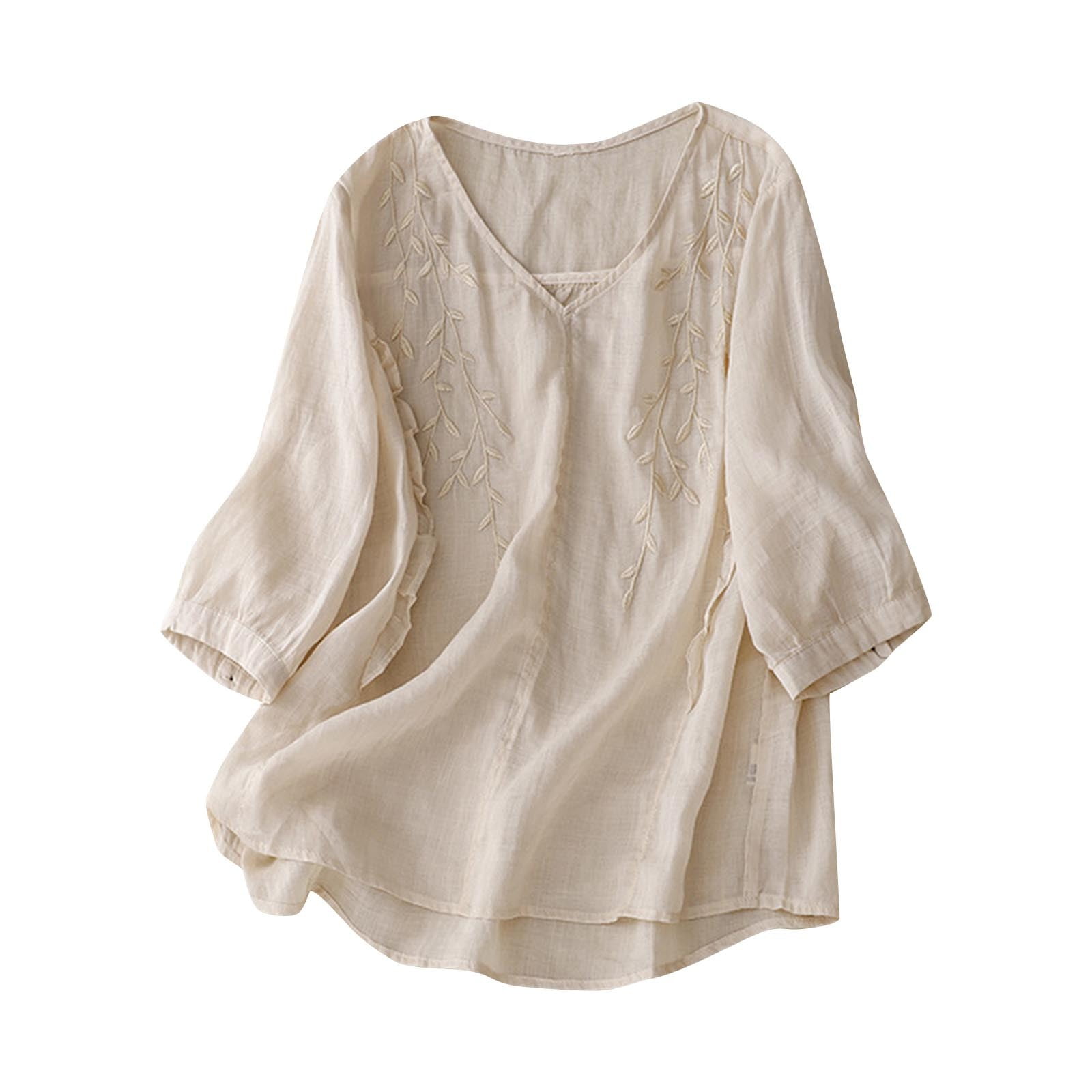 HAiming Women's Cotton Linen Shirts Summer Short Sleeve Button Crewneck ...