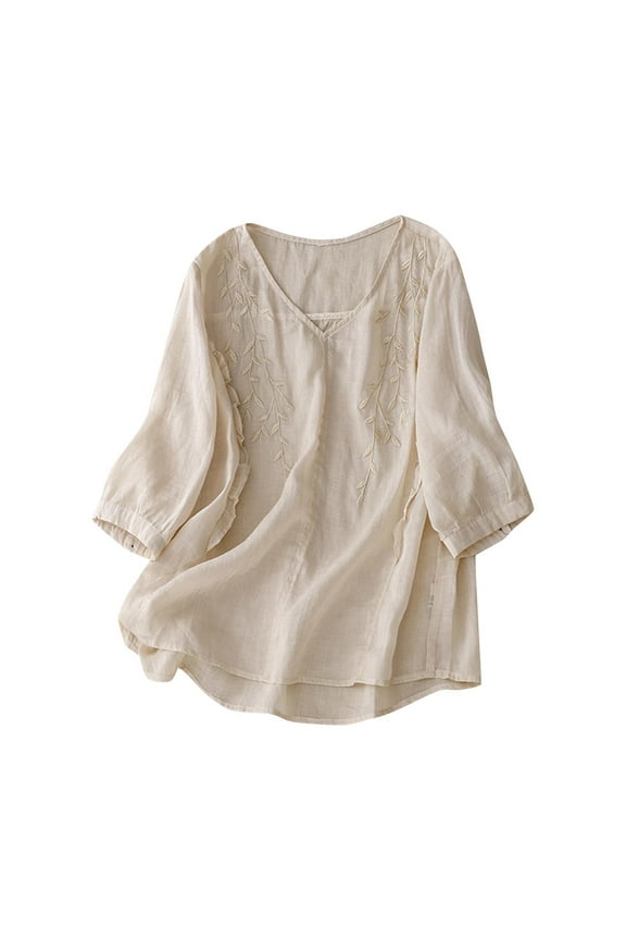 Women's Cotton Linen Shirts Summer Short Sleeve Button Crewneck Tops Casual Loose Vintage Embroidered Blouses