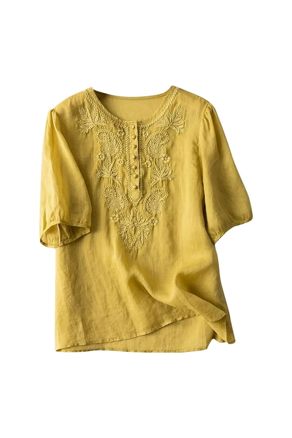 Women's Cotton Linen Shirts Summer Short Sleeve Button Crewneck Tops Casual Loose Vintage Embroidered Blouses