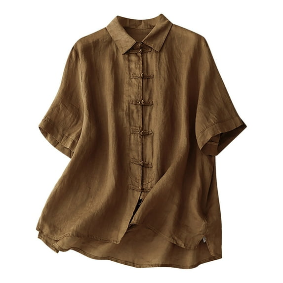 HAiming Women's Cotton Linen Shirts Summer Short Sleeve Button Crewneck Tops Casual Loose Vintage Embroidered Blouses