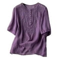 thumbnail image 1 of HAiming Women's Cotton Linen Shirts Summer Short Sleeve Button Crewneck Tops Casual Loose Vintage Embroidered Blouses, 1 of 1