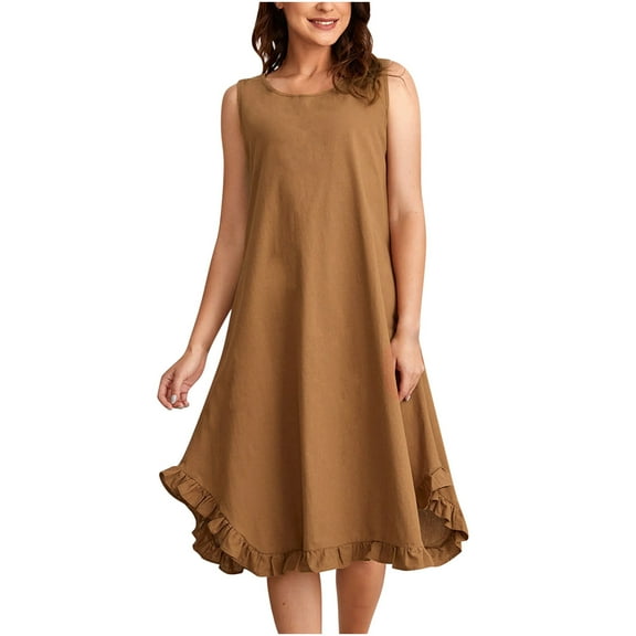 HAiming Women's Cotton Linen Tank Dresses Trendy Ruffle Hem Summer Casual Sleeveless Loose Solid Color Beach Dress