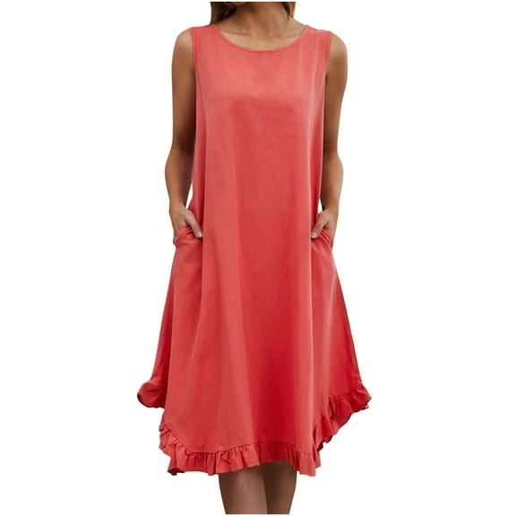 HAiming Women's Cotton Linen Tank Dresses Trendy Ruffle Hem Summer Casual Sleeveless Loose Solid Color Beach Dress