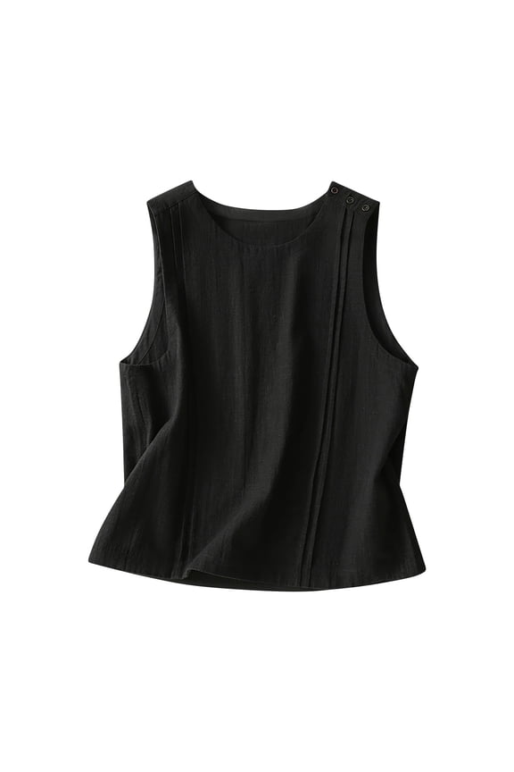 Women's Cotton Linen Tank Tops Summer Sleeveless Crewneck Blouses Side Shoulder Button Basic Shirts