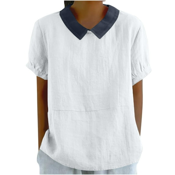 HAiming Women's Cotton Linen Tops Short Sleeved Patchwork Lapel Shirts Plus Size Loose Solid Color Casual Blouses