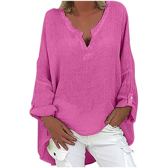 HAiming Women's Cotton Linen Tops Solid Color Long Sleeve V Neck Shirts Plus Size Casual Loose Pullover Sweatshirts