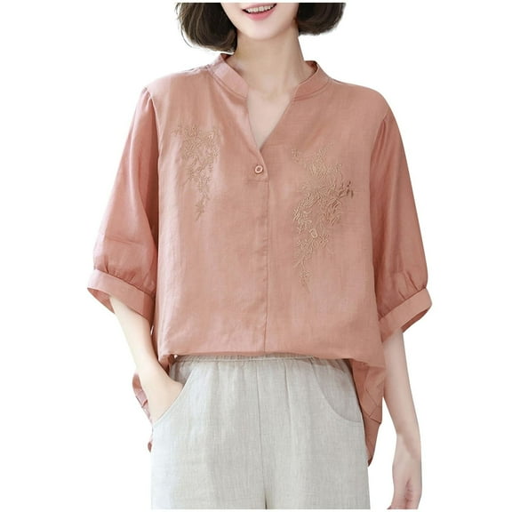 HAiming Women's Cotton Linen Tops Summer Short Sleeve V-Neck Embroidered Retro Shirts Casual Loose Tunic Blouse