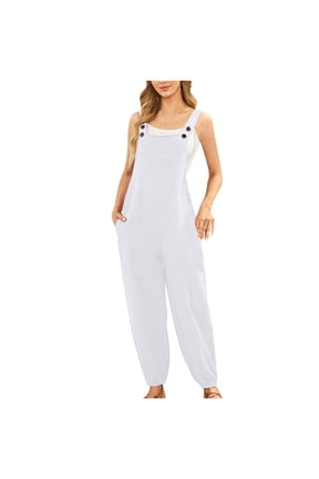 Women's Cotton Overalls Casual Loose Button Jumpsuits Adjustable Straps Wide Leg Rompers with Pockets