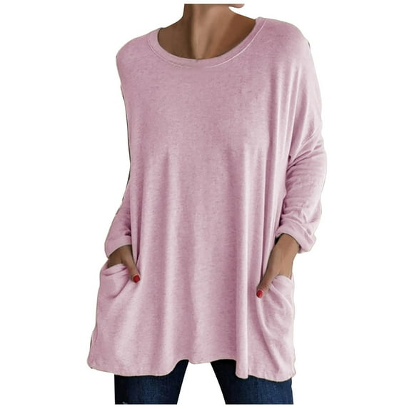 HAiming Women's Crewneck Long Sleeve Tops Solid Color Pullover Basic Shirts Plus Size Casual Loose Blouse with Pocket