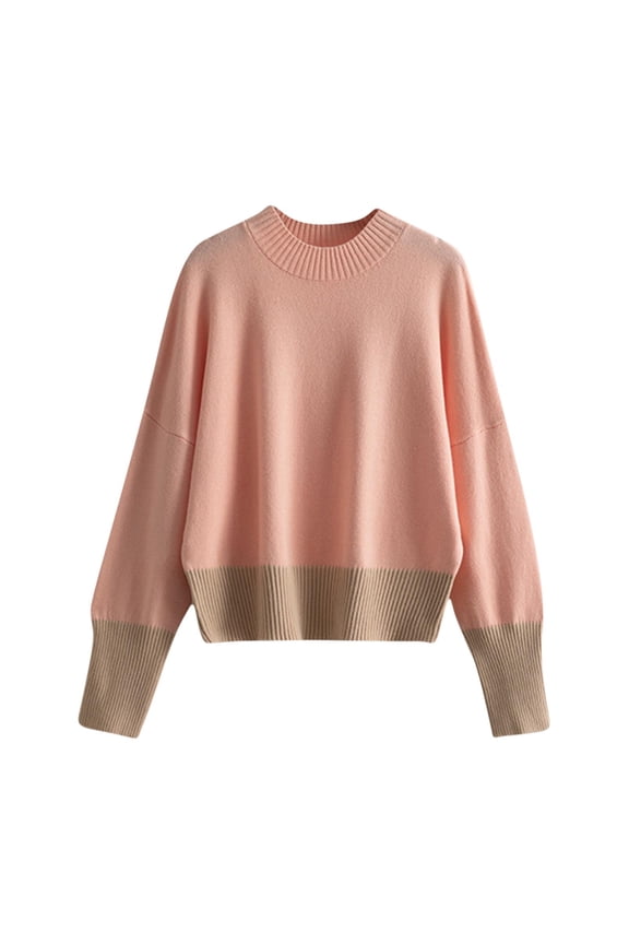 Women's Crewneck Sweater Trendy Color Blocke Long Sleeve Knit Shirts Casual Lightweight Pullover Jumper Tops