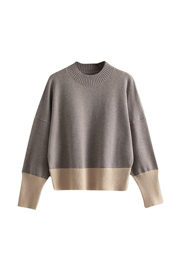 Women's Crewneck Sweater Trendy Color Blocke Long Sleeve Knit Shirts Casual Lightweight Pullover Jumper Tops