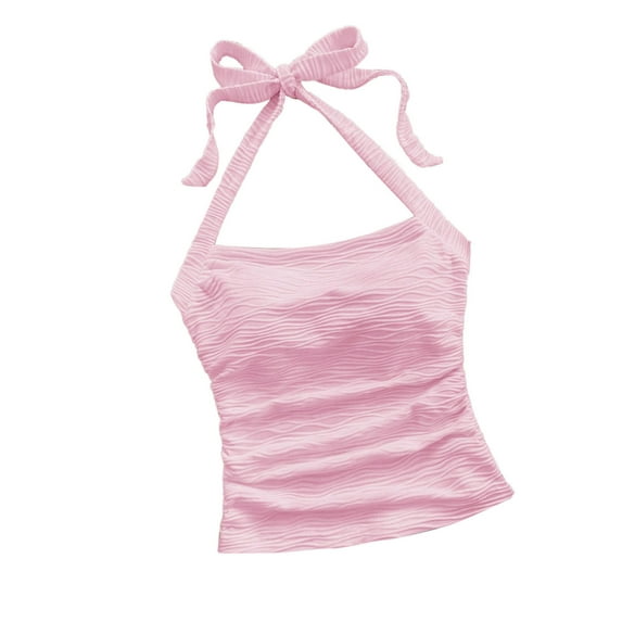 HAiming Women's Crop Tops Tie Back Ruched Sleeveless Slim Solid Color Cami Blouse Teen Square Neck Shirts