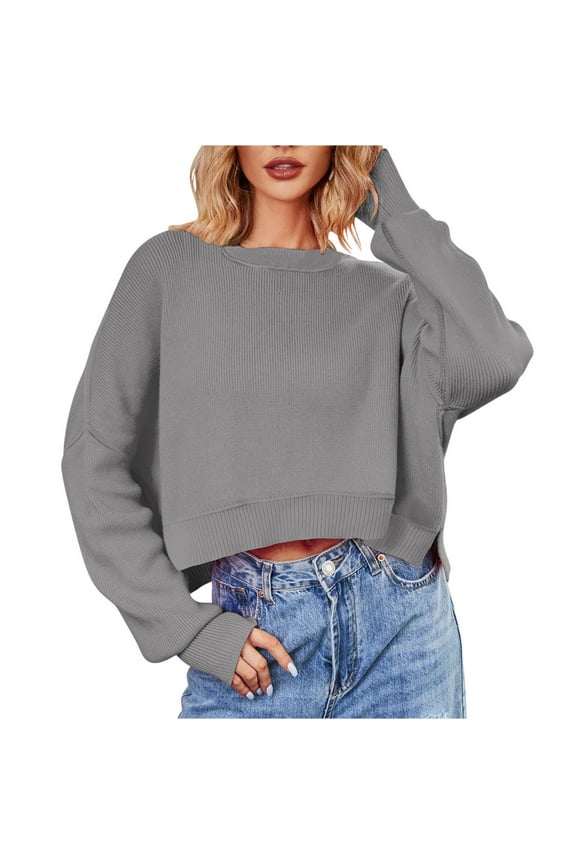 Women's Cropped Pullover Sweaters Casual Long Sleeve Crewneck Solid Warm Winter Loose Knitted Tops