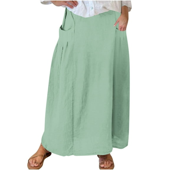HAiming Women's Elastic Waist Pleated Skirt 2025 Plus Size Summer Casual Loose Mid Length Skirt Dress with Pocket
