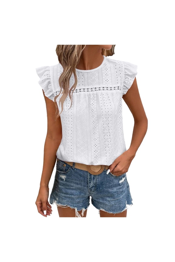 Women's Eyelet Ruffle Cap Sleeve T-Shirt Crew Neck Summer Beach Vacation Elegant Tee Pullover Top