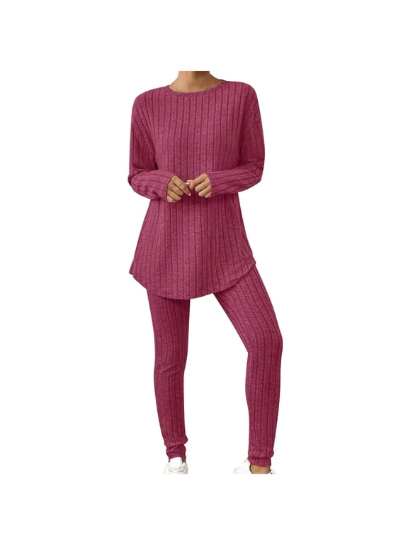 Women's Fall Winter 2 Piece Outfits Casual Long Sleeve Crewneck Knitted Tops Legging Pants Matching Lounge Set