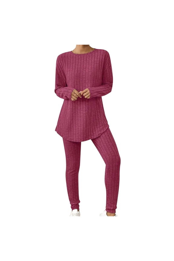Women's Fall Winter 2 Piece Outfits Casual Long Sleeve Crewneck Knitted Tops Legging Pants Matching Lounge Set