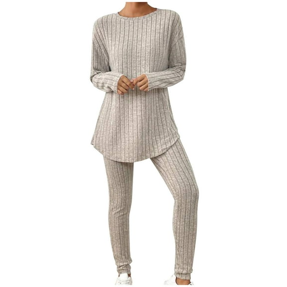 HAiming Women's Fall Winter 2 Piece Outfits Casual Long Sleeve Crewneck Knitted Tops Legging Pants Matching Lounge Set