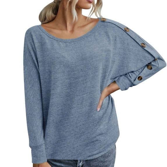 HAiming Women's Fall Winter Crewneck Shirts Solid Color Long Sleeve Button Tops Plus Size Casual Loose Pullover Blouse