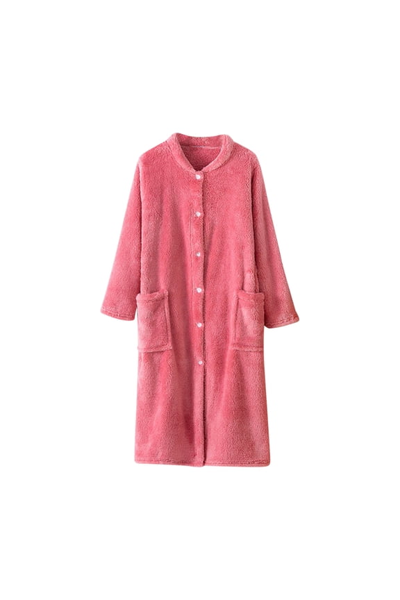 Women's Fleece Bathrobe Winter Warm Button down Long Sleepwear Casual Loose Soft Comfy Loungewear with Pocket
