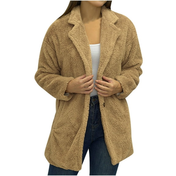 HAiming Women's Fleece Jacket Trendy Lapel Long Sleeve Button Coat Winter Thickened Loose Warm Outerwear with Pocket