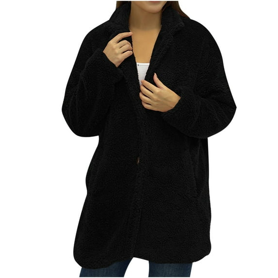 HAiming Women's Fleece Jacket Trendy Lapel Long Sleeve Button Coat Winter Thickened Loose Warm Outerwear with Pocket