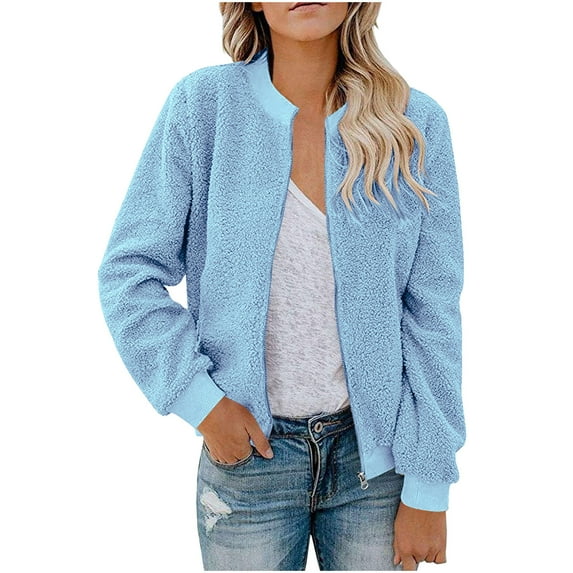 HAiming Women's Fleece Jacket Trendy Solid Fuzzy Long Sleeve Crewneck Zip up Coat Fall Winter Casual Warm Outwear