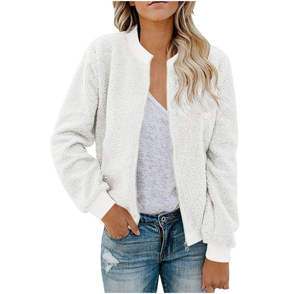 HAiming Women's Fleece Jacket Trendy Solid Fuzzy Long Sleeve Crewneck Zip up Coat Fall Winter Casual Warm Outwear