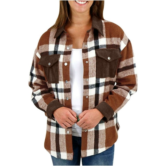 HAiming Women's Fleece Jacket Winter Trendy Plaid Long Sleeve Button down Coat Casual Loose Warm Outwear with Pockets