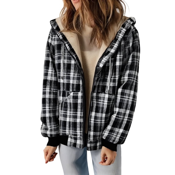 HAiming Women's Fleece Lined Plaid Hoodie Jacket Full Zip Casual Long Sleeve Hooded Coat Outwear with Pockets