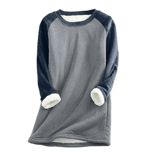 HAiming Women's Fleece Long Sleeve Crewneck Tops Solid Color Loose Pullover Shirts Winter Plus Size Casual Warm Blouse