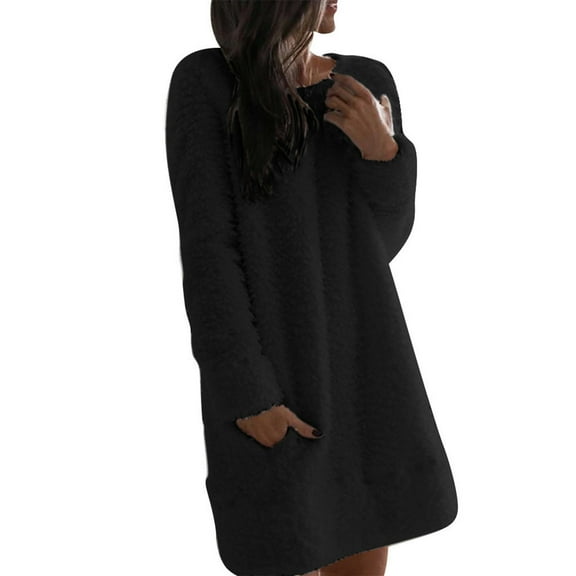 HAiming Women's Fleece Long Sleeve Mini Dress Solid Plus Size Casual Crewneck Pullover Loose Warm Dresses with Pockets