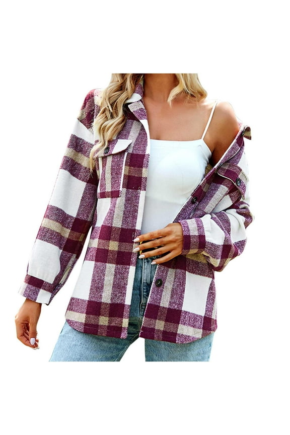 Women's Fleece Plaid Shacket Jacket Winter Warm Long Sleeve Button down Casual Coat Outwear with Pockets