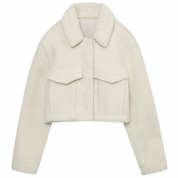 HAiming Women's Fleece Short Jacket Casual Solid Color Lapel Long Sleeve Winter Thicken Warm Zipper Outwear with Pocket