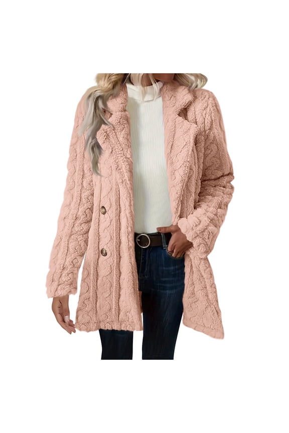Women's Fuzzy Fleece Jacket Solid Color Long Sleeve Lapel Button down Coats Winter Casual Warm Outerwear