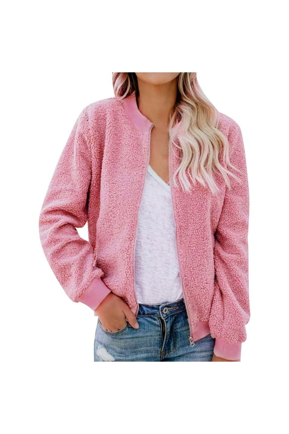 Women's Fuzzy Fleece Jacket Solid Color Long Sleeve Zip up Coat Winter Casual Loose Soft Outerwear with Pocket
