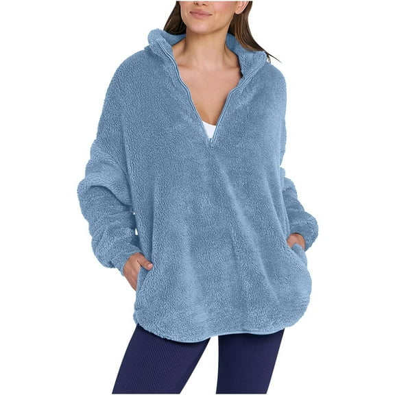 HAiming Women's Fuzzy Fleece Sweatshirt Long Sleeve Crewneck Half Zip Pullover Tops 2025 Winter Oversized Cozy Blouse