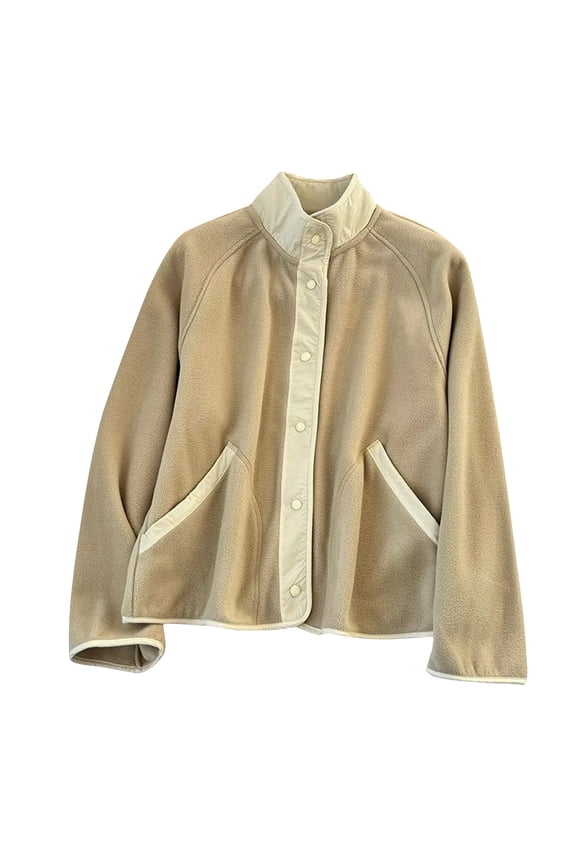 Women's Fuzzy Jackets Oversized Stand Collar Fleece Button Winter Warm Casual Coat with Pockets