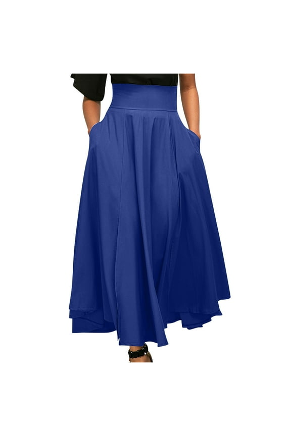 Women's High Waisted Tie Front A-Line Pleated Skirt Flared Flowy Vintage Long Maxi Skirt with Pockets