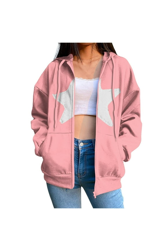 Women's Hooded Jacket Star Printed Zip up Solid Color Sweatshirt Fall Casual Loose Pullover Blouse with Pocket