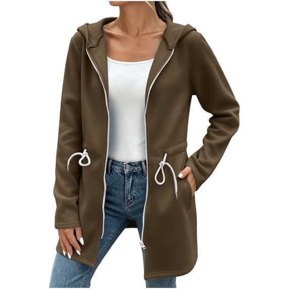 HAiming Women's Jackets Long Sleeve Drawstring Waist Hooded Casual Jackets Fall Winter Outdoors Jackets with Pockets