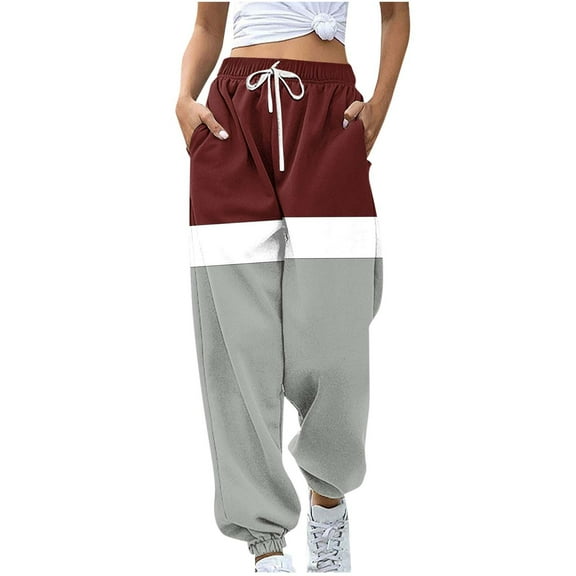 HAiming Women's Jogger Sweatpants Color Block Drawstring High Elastic Waist Casual Loose Workout Trousers with Pocket
