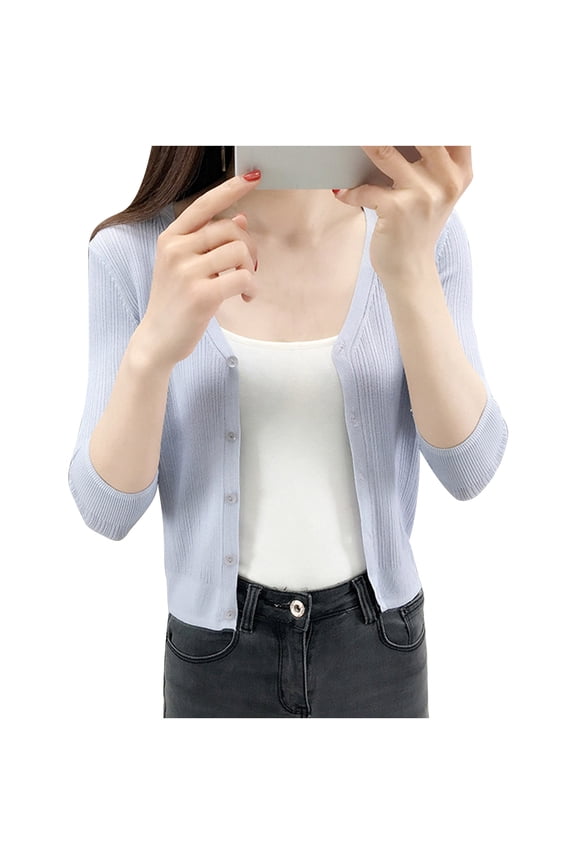 Women's Knitted 3/4 Sleeve Cardigan Open Front Cropped Open Front Button down V Neck Tops