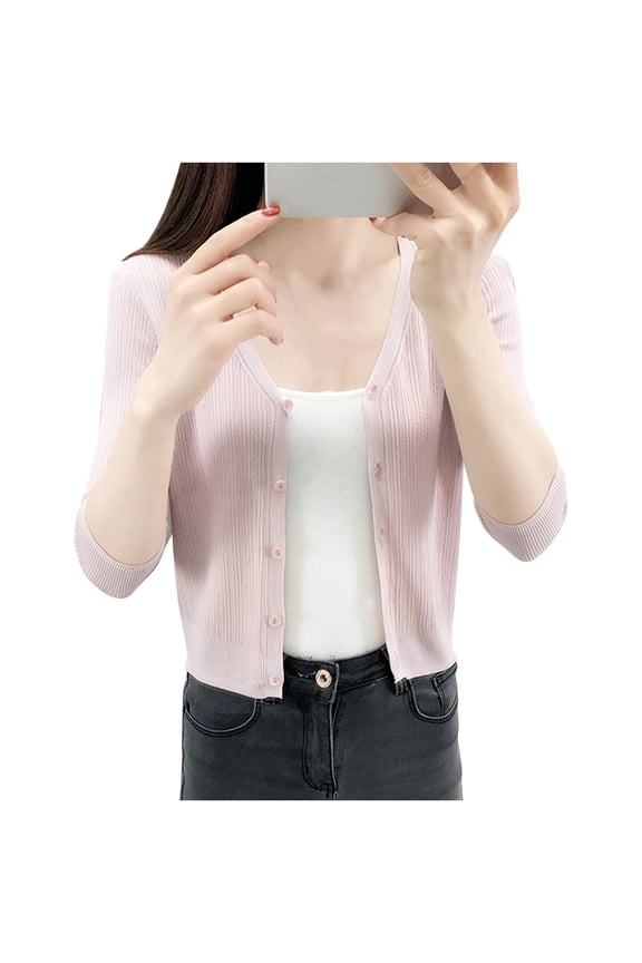 Women's Knitted 3/4 Sleeve Cardigan Open Front Cropped Open Front Button down V Neck Tops