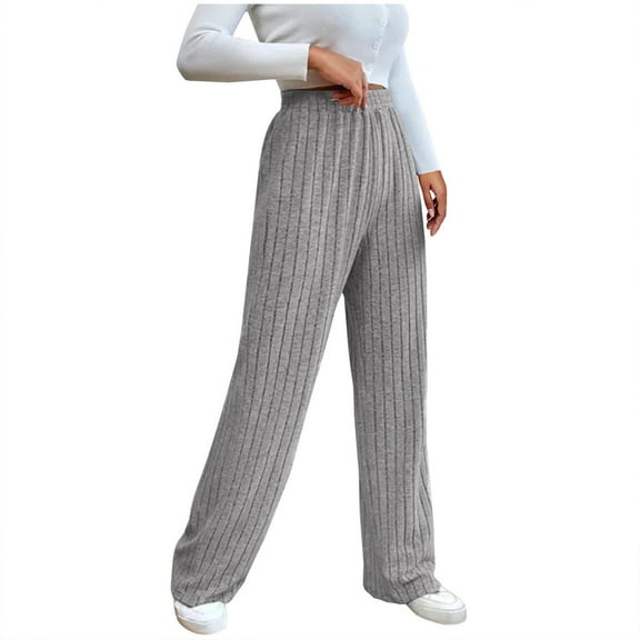 HAiming Women's Knitted Straight Leg Pants Trendy High Waist Elastic Long Pants Casual Loose Comfort Lounge Trousers