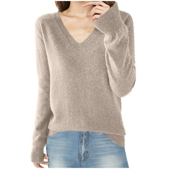 HAiming Women's Knitted Sweater Solid Color Long Sleeved V-Neck Tops Fall Winter Casual Pullover Tunic Blouse