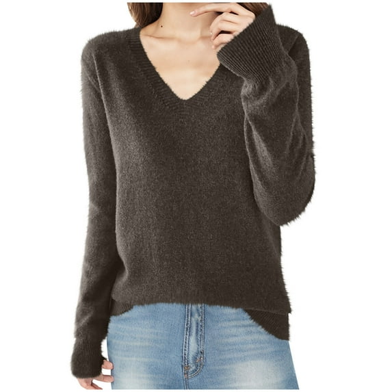 HAiming Women's Knitted Sweater Solid Color Long Sleeved V-Neck Tops Fall Winter Casual Pullover Tunic Blouse