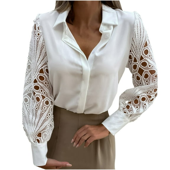 HAiming Women's Lace Splicing Button down Shirts Casual Solid Color Lapel Long Sleeve V Neck Hollow out Tops Blouse
