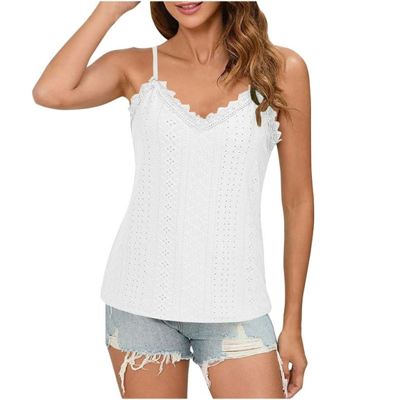 HAiming Women's Lace V Neck Camisole Summer Casual Trendy Hollow out Solid Color Sleeveless Spaghetti Strap Tank Tops