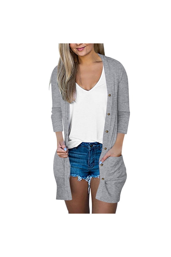 Women's Lightweight Cardigan Long Open Front Button down Trendy Loose Outwear with Pockets